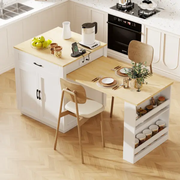 [Bellemave] 82.7 inch Kitchen Island with Extendable Dining Table for 4-6 Person,Two-tone Kitchen Table with Double-sized Storage, Power Outlet, Kitchen island with Storage 2 Drawers 2 Side Open Shelves