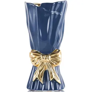 Ceramic Bow Vase,Blue Gold Coquette Girly Bouquet Vase Aesthetic, 9.4 in Tall Wide Mouth Floral Vases for Fresh/Dried/Faux Flowers,Cute Home Decor for Home Living Room Table Shelf,for Mom Women
