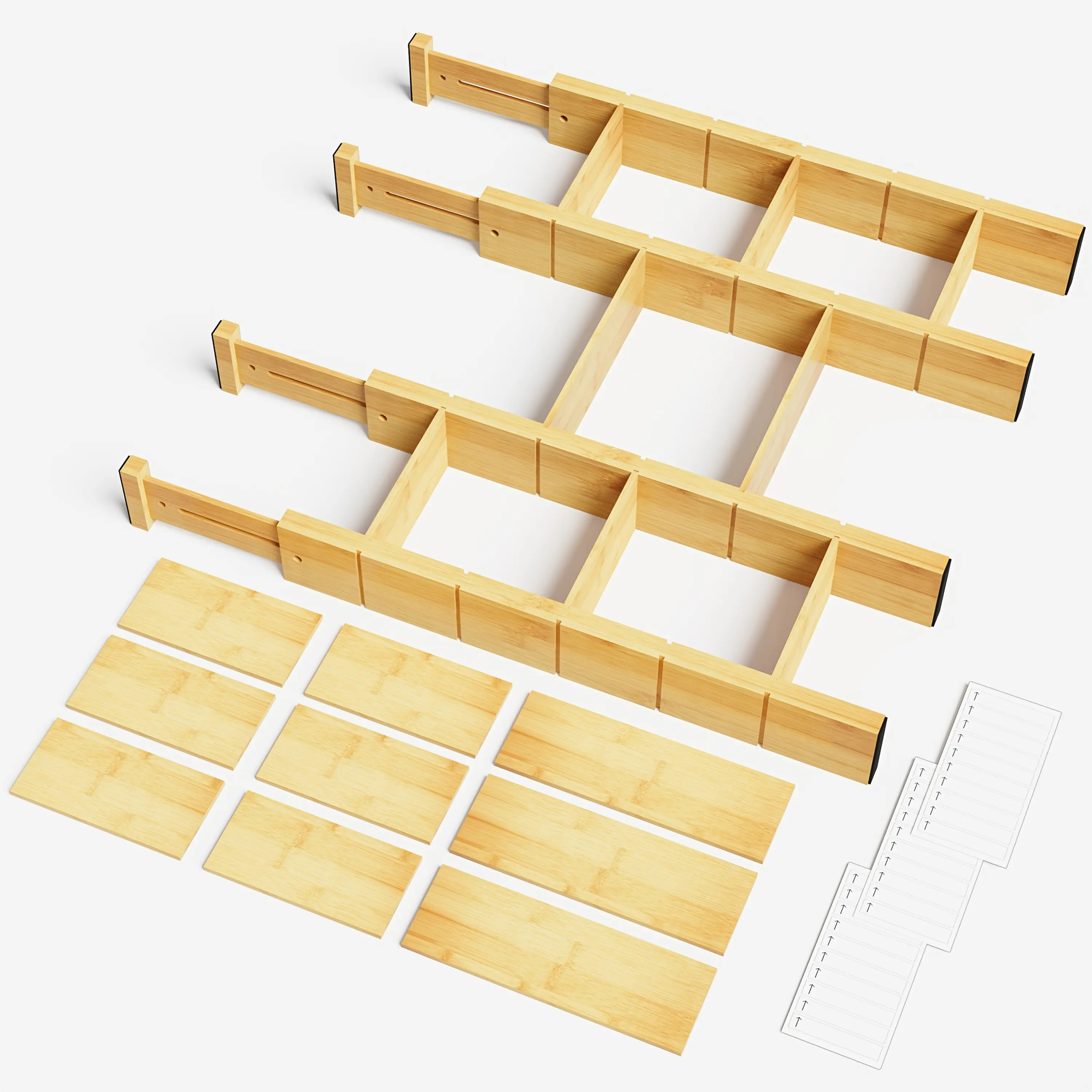 4 Dividers with 9 Inserts Bamboo Drawer Separators, Including Inserts And Tags, Kitchen Adjustable Drawer Organizers, Extendable Organization for Home, Office, Dressers for Shop/Retail Store