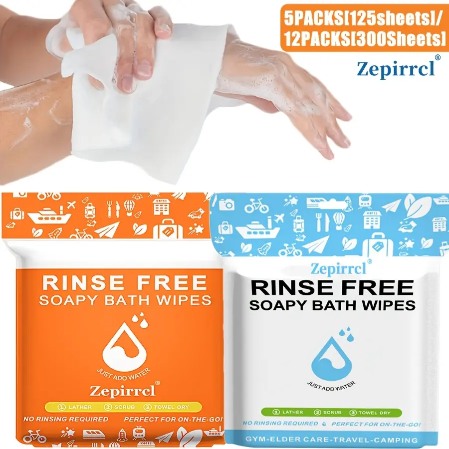 5 packs (125 sheets) / 12 packs (300 sheets), 11.81 × 11.81 inches. Disposable, no rinse shower wipes suitable for sensitive skin — all-in-one shower wipes: just wet, lather, and dry; no shampoo or rinsing needed. 25 sheets per pack.