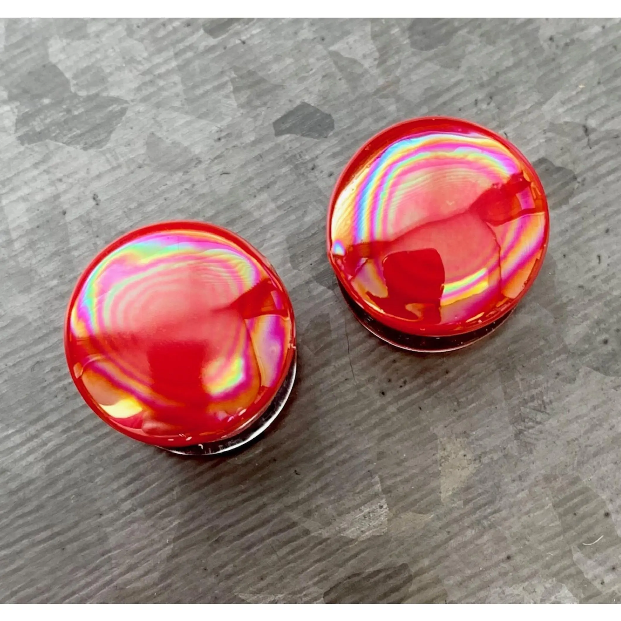 PAIR of Red Fire Pearl Design Pyrex Glass Double Flare Plugs