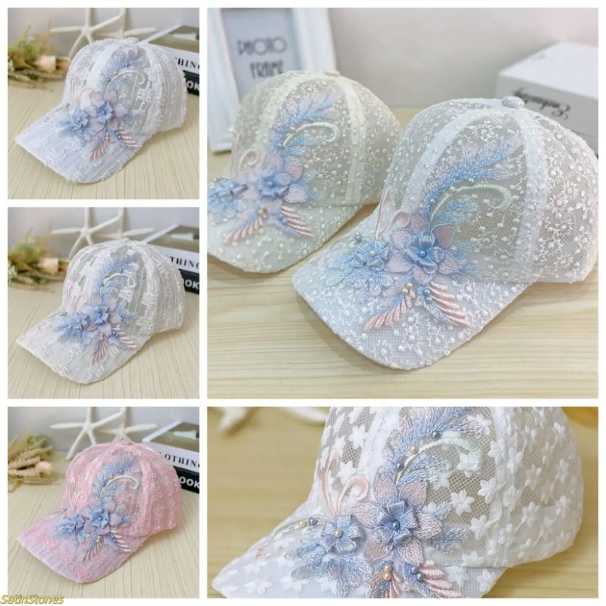 Women's Adjustable Ultra-Thin Quick-Drying Flower Embroidered Cooling Mesh Lightweight Adjustable Cap - Summer Lace Brim Outdoor Sun Baseball Hat, Breathable Cap Hats