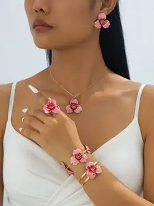 Summer Chic Enamel Flower Pendant Necklace Set, Coordinated Look, Vibrant Jewelry, Summer Accessories, Includes Earrings, Ring, Bracelet, Vacation Jewelry, Soft and Fresh Style