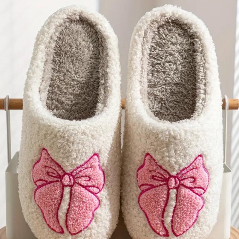 Women's Bowknot Slippers - Winter Warm Fuzzy Slip-On House Shoes with Cute Bow and Cartoon Pattern - Footwear, Walking Shoes