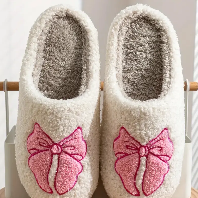 Women's Bowknot Slippers - Winter Warm Fuzzy Slip-On House Shoes with Cute Bow and Cartoon Pattern - Footwear, Walking Shoes