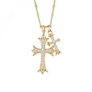 Bestselling Chrome Hearts Style Diamond-Studded Double Cross Necklace, Minimalist Design, Versatile Clavicle Chain, Punk Trendy Accessory