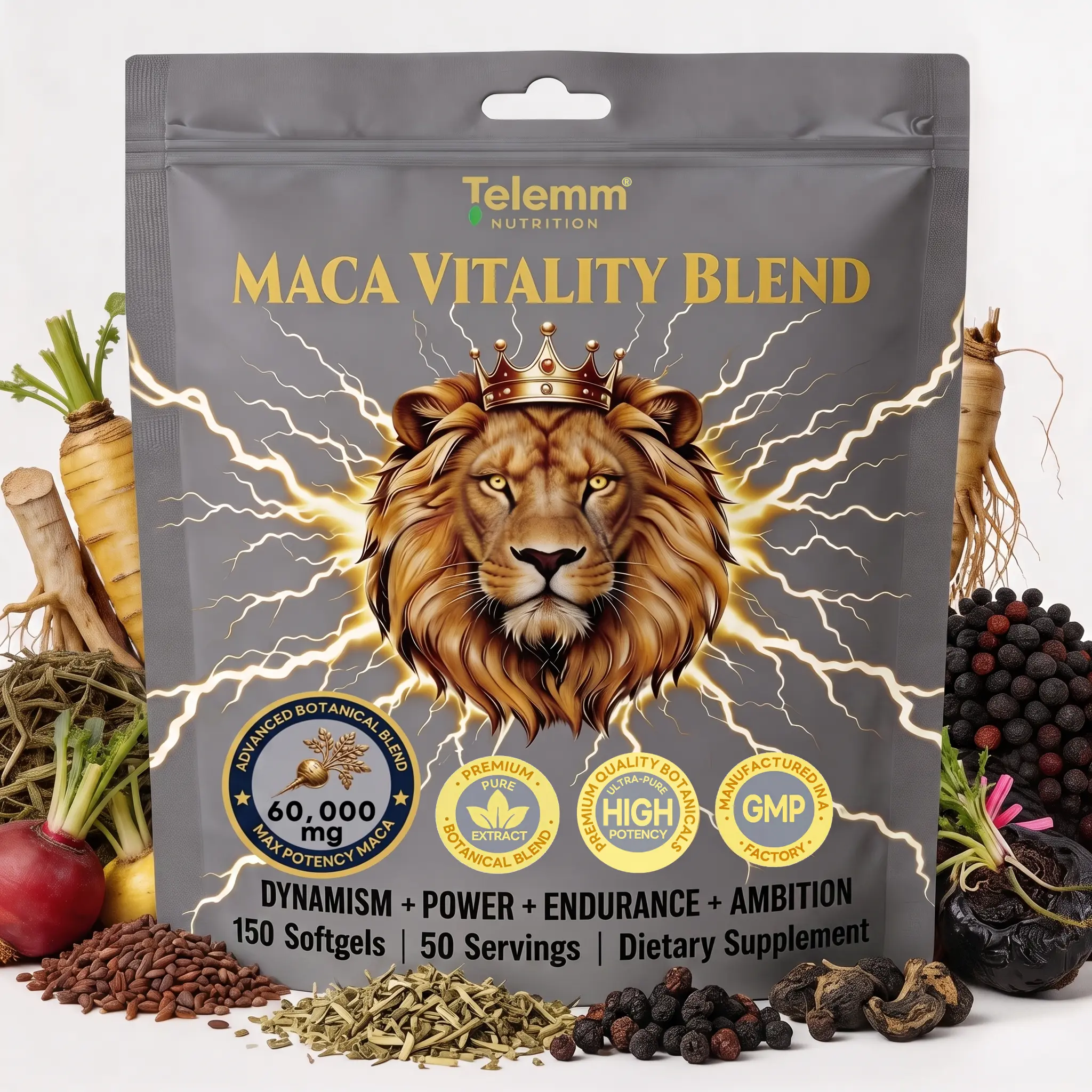 Telemm 60,000mg Maca Apex Blend | Supports Dynamism & Ambition | Enriched with Shilajit, Ashwagandha & Fenugreek