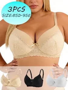 3 pieces of large-sized exquisite lace-designed women's bras, featuring three-dimensional floral lace splicing and delicate bow decorations, balancing sexiness and elegance, suitable for daily commuting and home leisure wear.