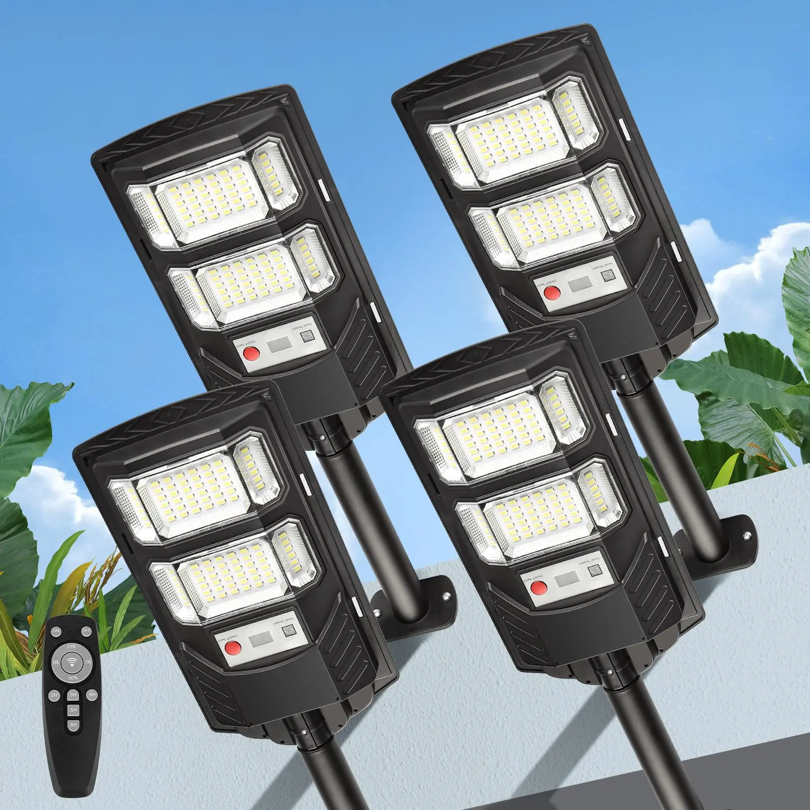 GMOX 4-Pack Solar Street Lights Outdoor, 10000LM Water-Resistant Solar Flood Lights with Motion Sensor & Remote for Yard, Driveway, Parking Lot