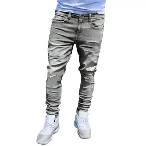 1pc Men Gray Stretchy Slim-Fit Distressed Versatile Denim Jeans, Comfortable Casual Outdoor Utility Skinny Jeans, Suitable As Gift For Husband/Boyfriend For Daily Wear, Emo Style