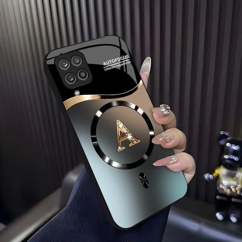 Suitable for [Galaxy A12] high-end MagSafe phone case🥰, Features a magnetic attachment function Luxury Gradient Metallic Bling Rhinestone 26 Initial 952