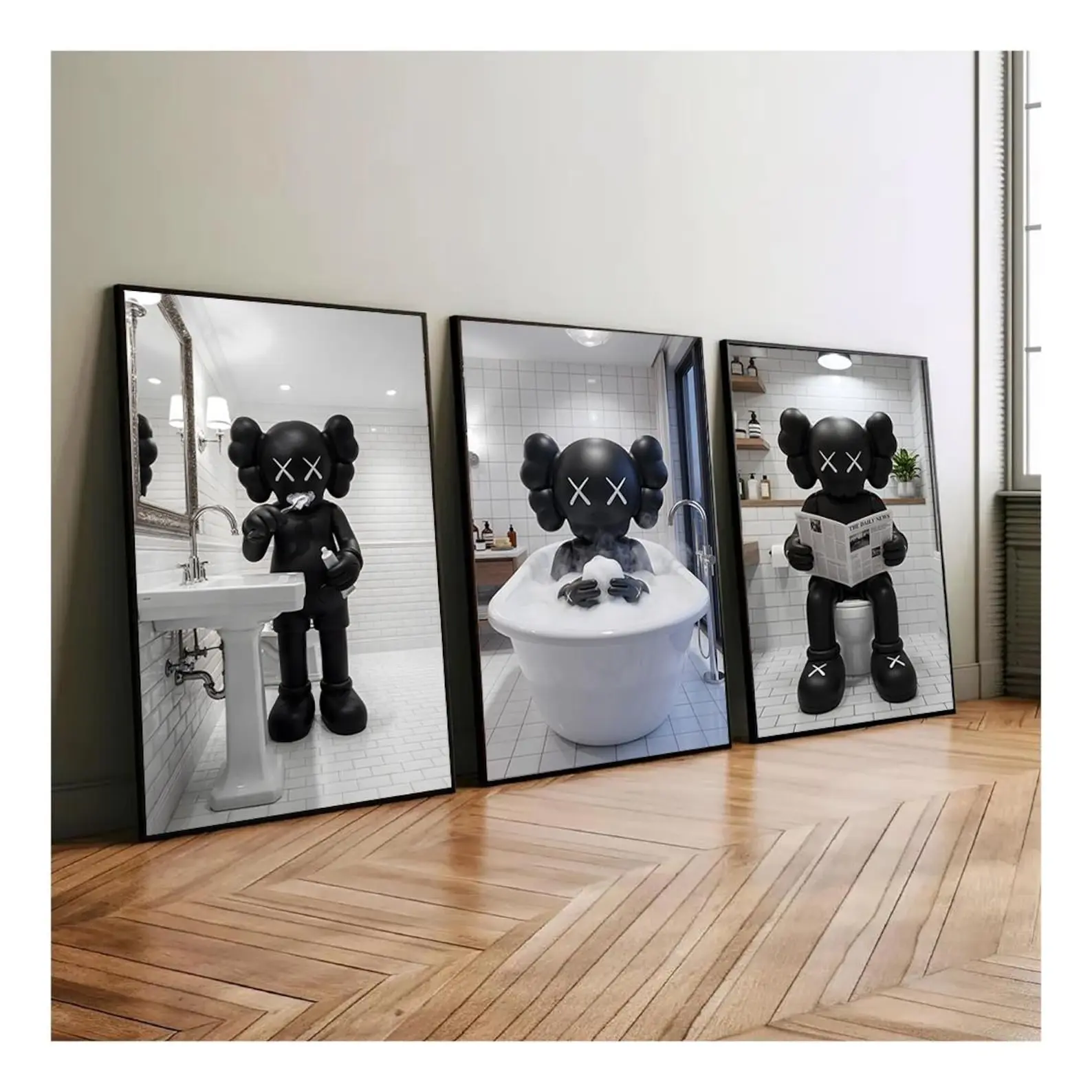 KAWS Bathroom Wall Art Set of 3,Black Shower Poster,Hypebeast Washroom Decor,Modern KAWS Prints,Luxury Bathroom Wall Decor