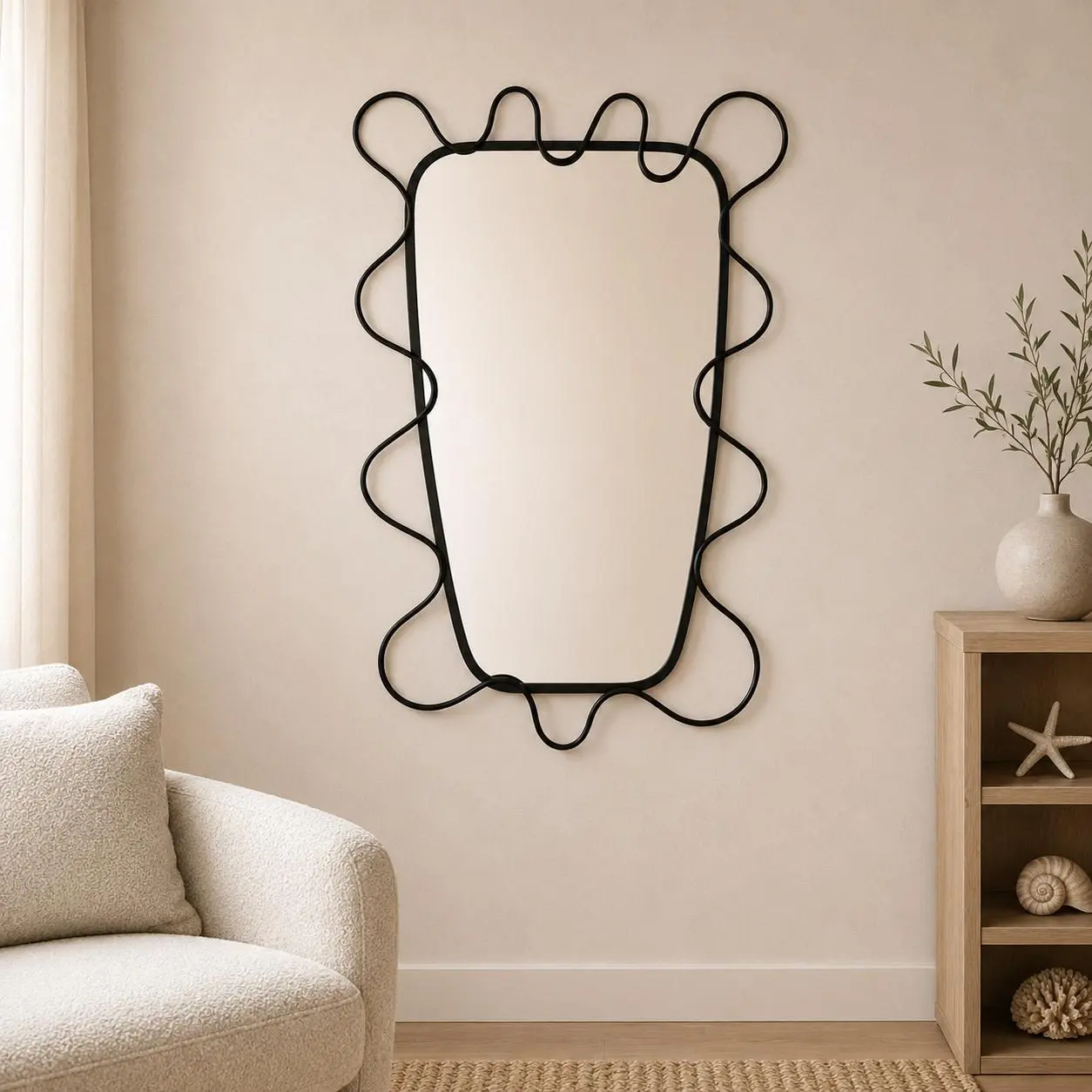 Black Metal Wall Mirror with Wavy Edges - 26"x1"x39" for Entryway, Home Decor Room Accent