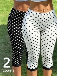 Women's 2-Pack Polka Dot Lace Trim Capri Pants, High-Waisted Slim Fit, Summer Casual, /, Comfortable & Breathable, Versatile Style