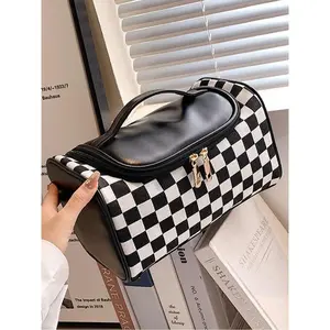 Fashion Colorblock Checked Pattern Makeup Bag, Casual Versatile Zipper Makeup Pu Leather Storage Bag, Makeup Organizer Pouch for Women & Girls