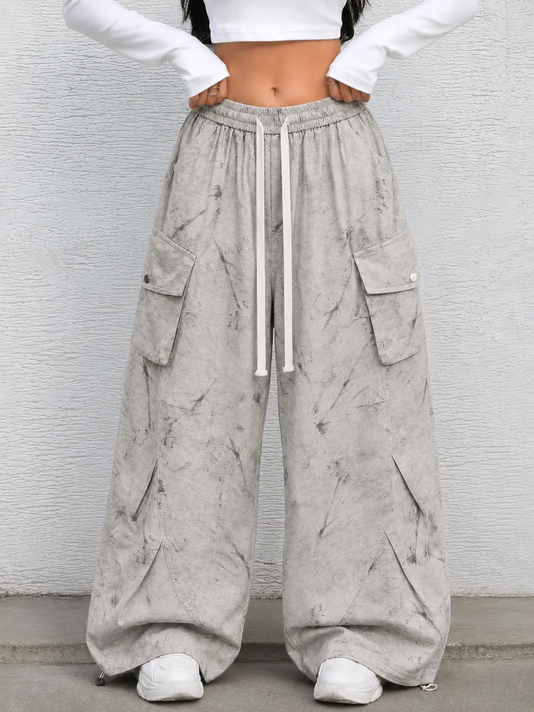Flooo Grey Tie Dye Wide Leg Cargo Pants Women's Streetwear Joggers with Elastic Waist & Drawstring Hem