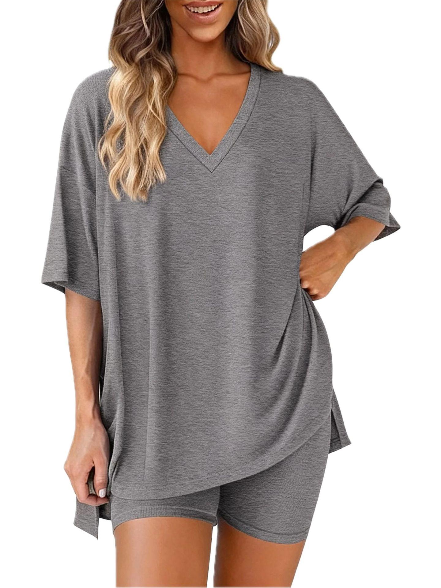 Women's 2 Piece Lounge Sets - Oversized V Neck T-Shirts & Biker Shorts, Casual Reversible Tracksuit, Lightweight Cozy Pjs for Summer
