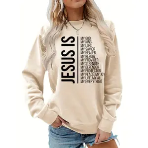 Women's 100% Cotton Casual Long-Sleeve Pullover Sweatshirt - Ribbed Round Neck, Jesus Is My Everything Faith Print, Polyester-Blend Garment