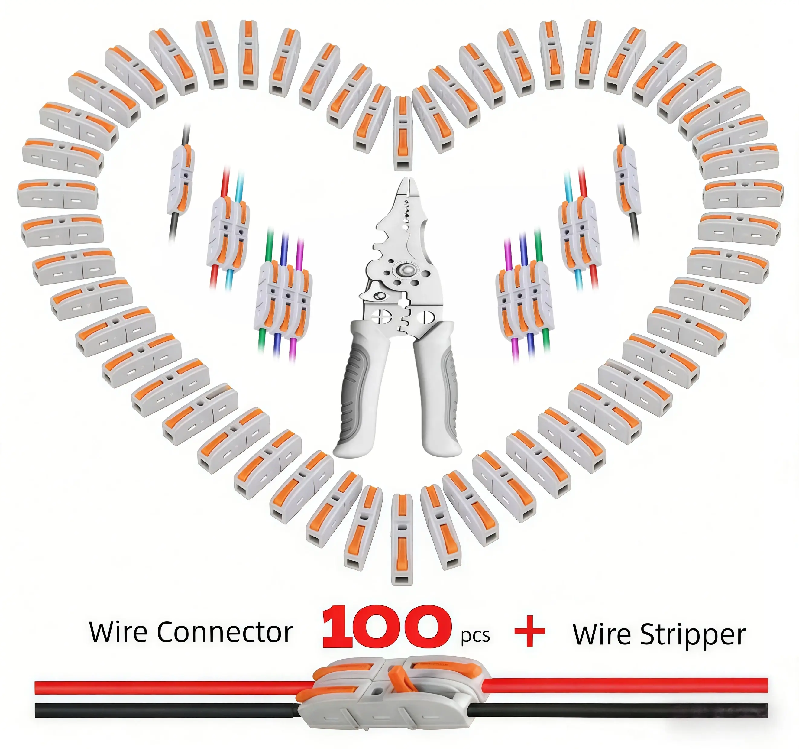 Lever-Type Quick Wire Connection Kit Including Wire Stripper, 50 to 100 Pieces Insulated Electrical Terminal Connectors for Electrical Wiring