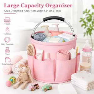 UFORU  Portable Fabric Storage Basket with Handle, Multi-Pocket Organizer Caddy, Foldable Round Storage Basket for Bathroom Toiletries, Cleaning Supplies, Baby Items, Camping, Picnic, Beach, Dorm and Home Storage