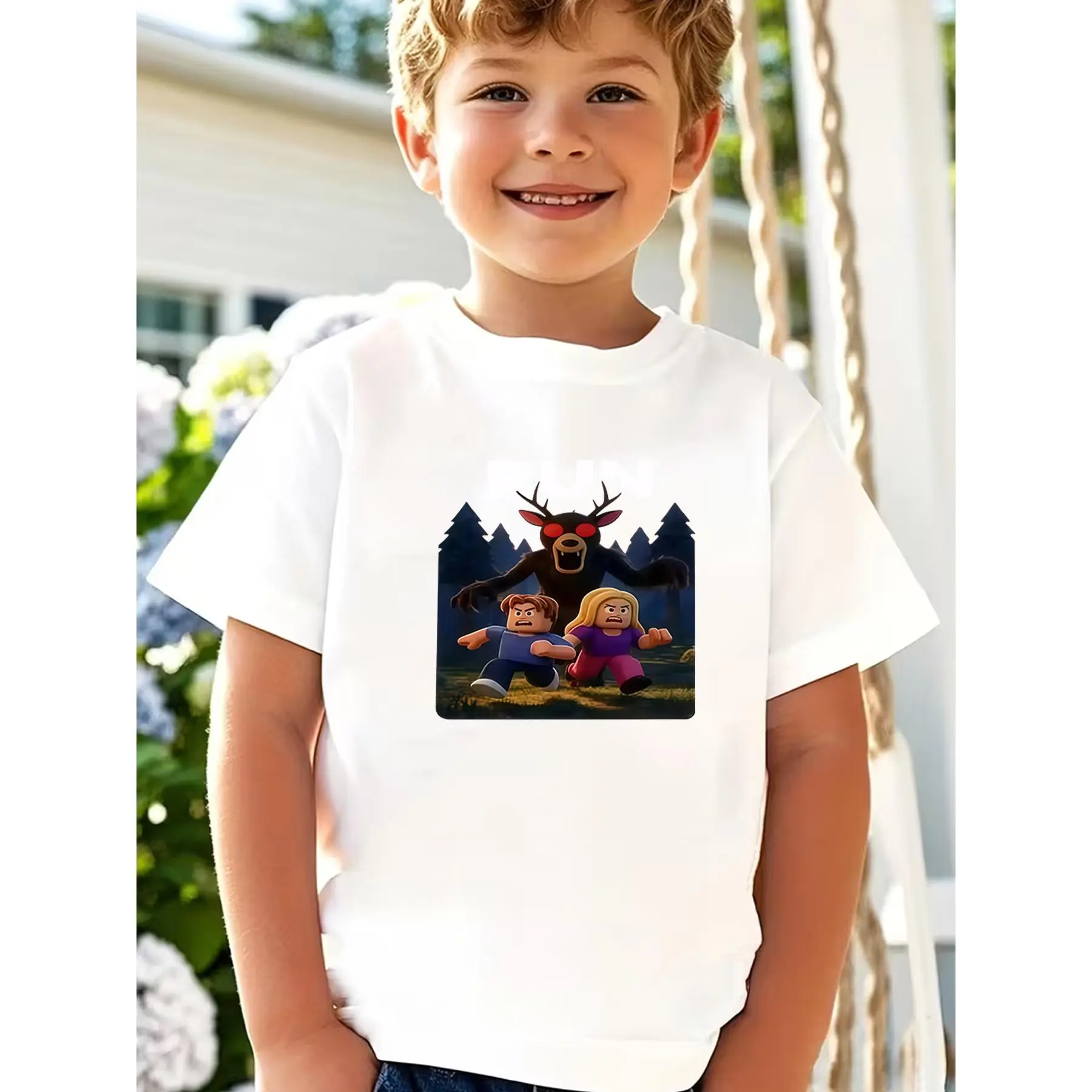 99 theme forest adventure funny deer and dual-character fun scene printed children t-shirt nervous and flexible escape picture full of childlike adventure feeling everyday out of the street, outdoor play wear both to carry fantasy adventure imagination ca