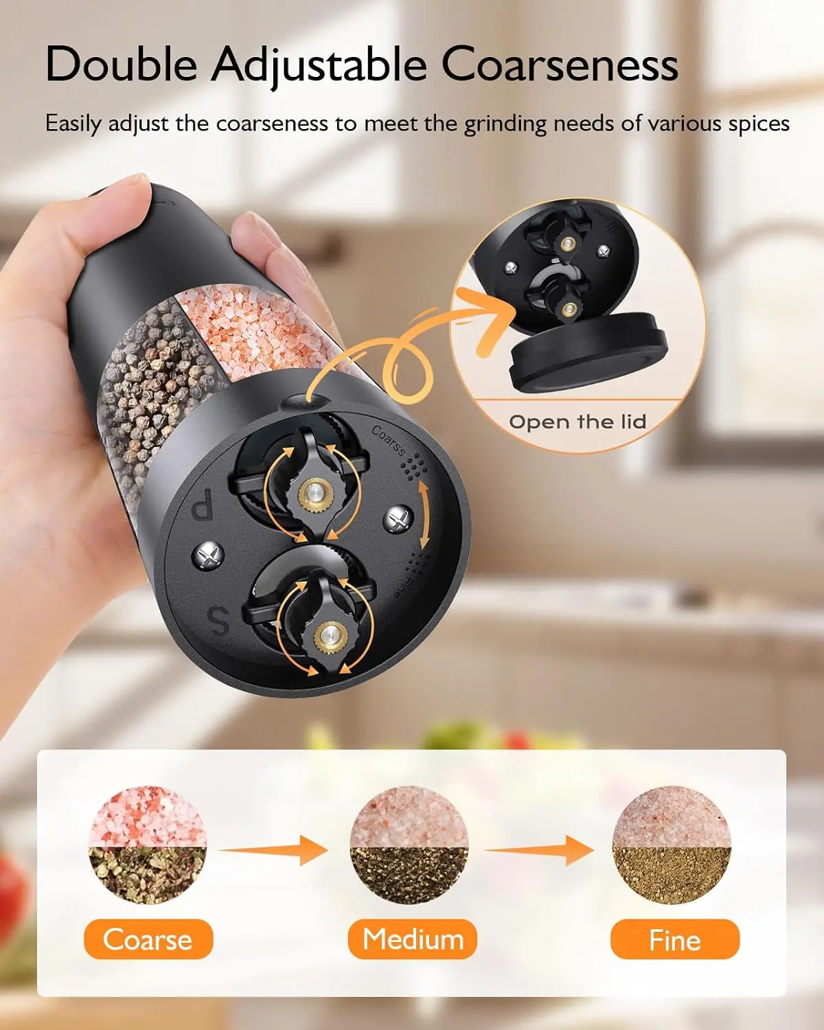 Electric Salt and Pepper Grinder Set - 2-in-1 Dual Bin Compact USB-Charged Seasoning Container, Refillable Automatic Spice Mill with LED, Adjustable Coarseness Ceramic Grinders, Transparent Button-Operated Black Kitchen Gift, Salt/Pepper, Usb Charge