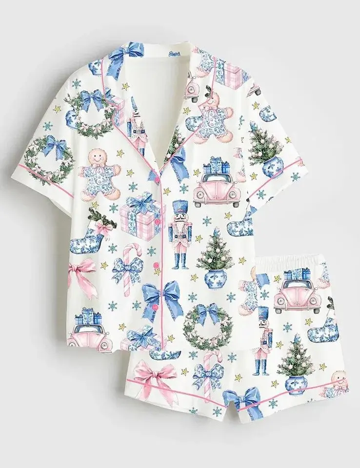 Pastel Blue Pink Christmas Satin Pajamas Set, Button Up Shirt And Shorts Set, Cute Nutcracker Wreath Holiday Sleepwear, Coquette Festive PJs, Christmas Gift For Her