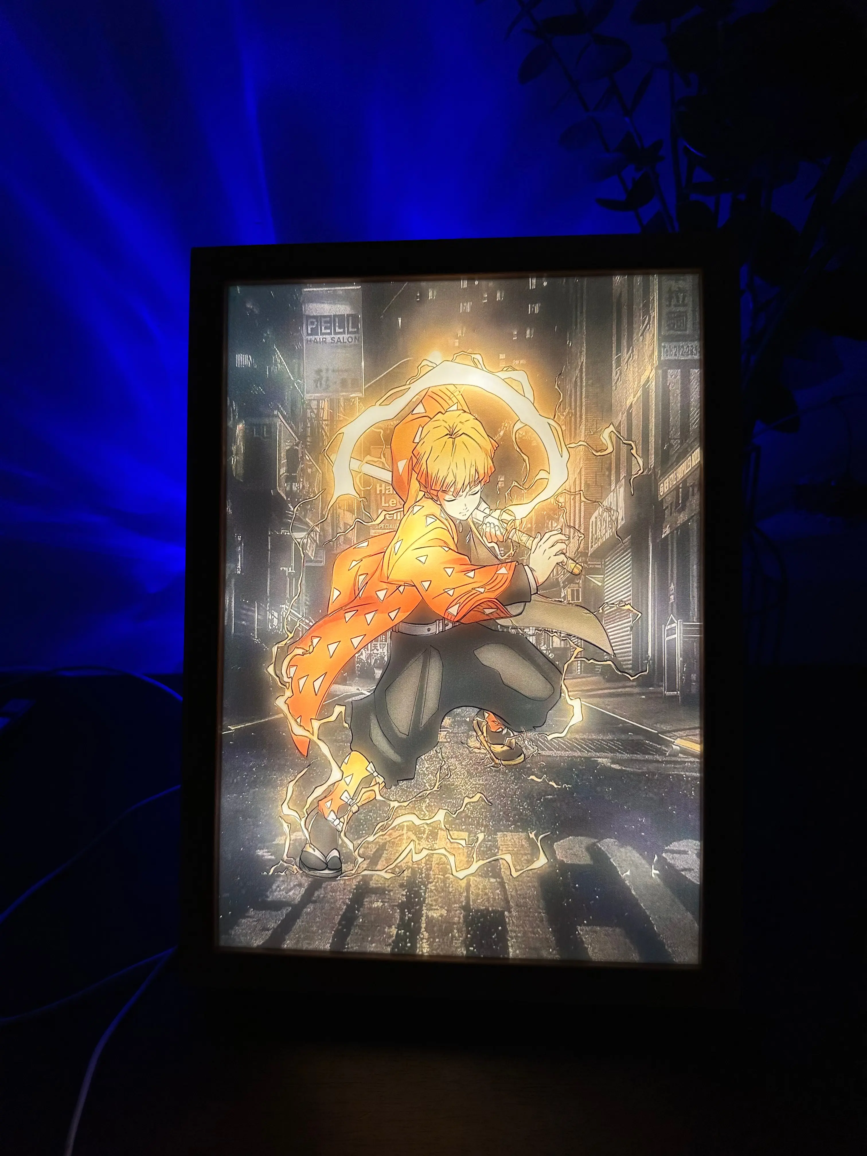 Demon Slayer-Zenitsu 12.6"x9.3" LED Light Painting, Colorful Lighting Decorative Atmosphere Illuminated Home Decor Photo Frame Supply, Decorative Atmosphere Light