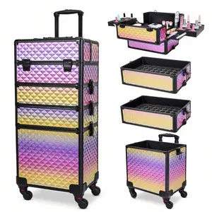 Rolling Makeup Train Case Large Storage Cosmetic Trolley 4 in 1 with Large Capacity Salon Barber Travel Cart Trunk for Makeup and Accessories by Adults