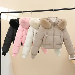 Designed Hooded Fur Collar Cotton Jacket for Women, Winter Thickened Warm Short Puffer Coat