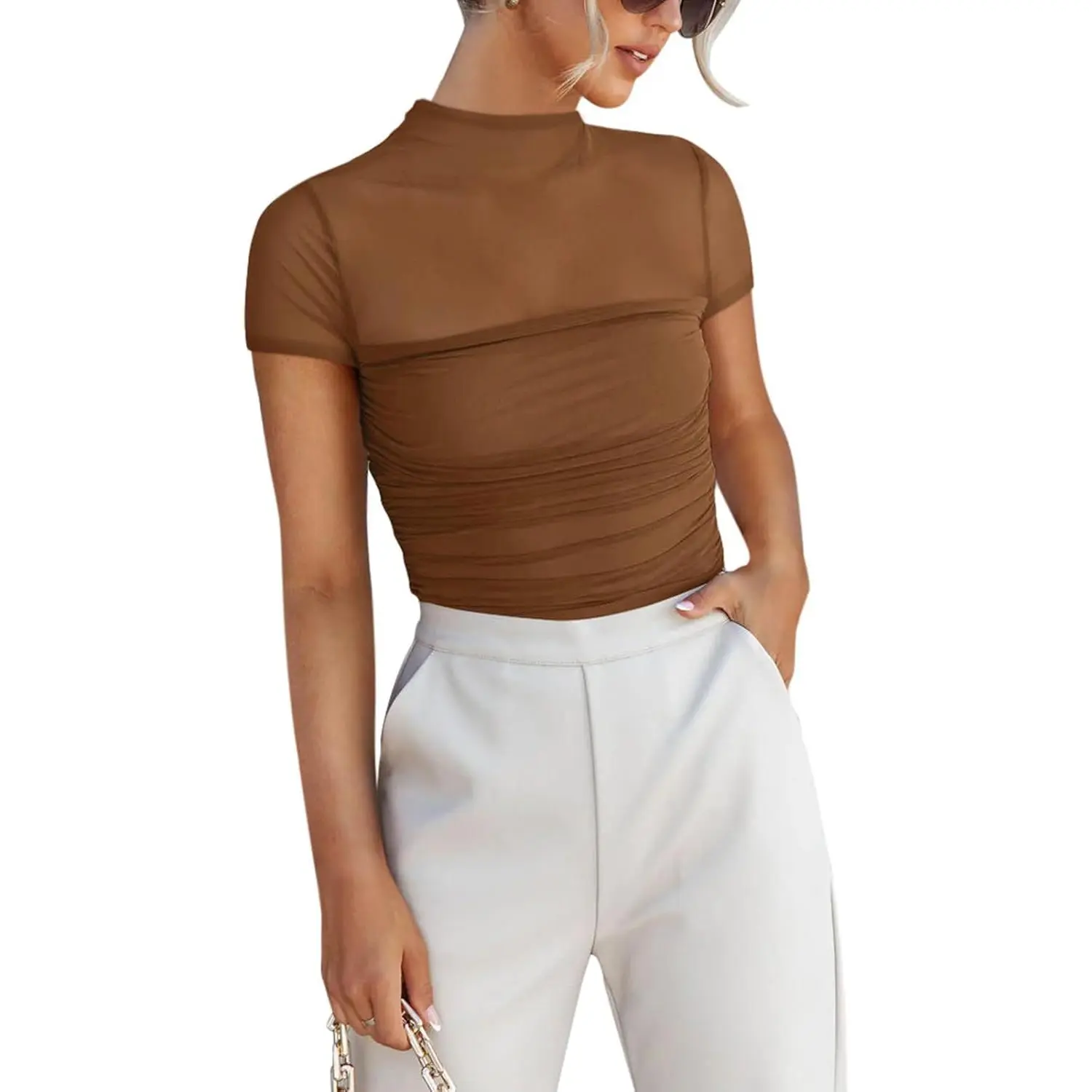 Women's Essential Soft Ruched Mock Turtle Neck Bodysuit - Lightweight Sheer Nylon Mesh Short Sleeves, Slim Fit Slight Stretch Polyester Spandex Snap Closure Basics Fashion Apparel for Daily, Country Concert, Classic Style, Casual, Chic, Party, Sexy