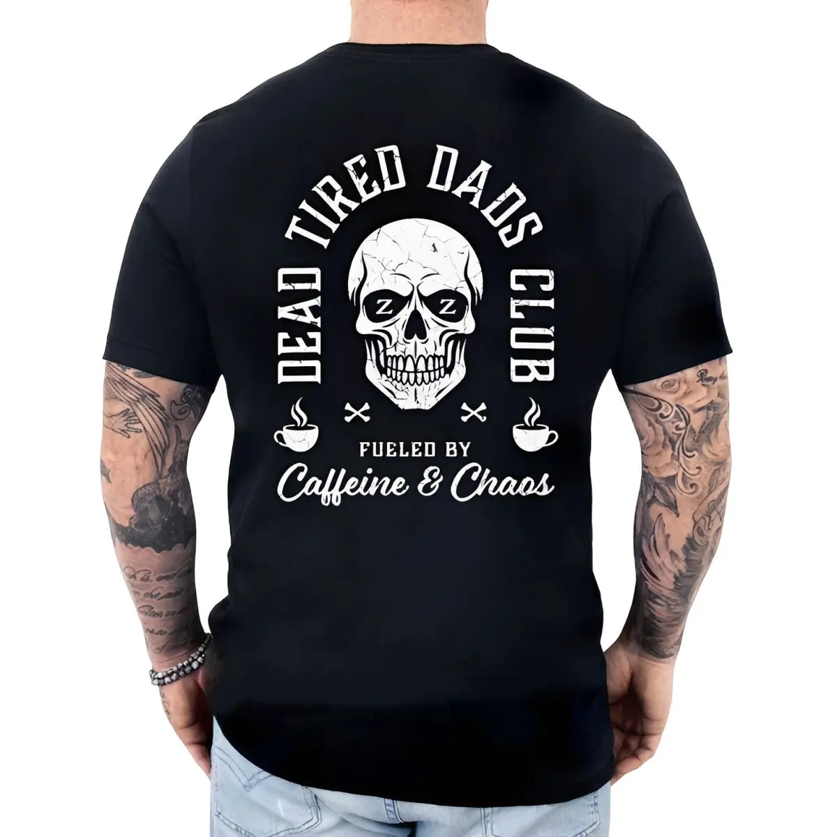 De4d Tired Dads Club Tshirt Back Print, Fueled By Caffeine And Chaos Shirt, New Dad Tee, Funny Dad Gift For Fathers Day, Caffeine Addict Top, Unisex Long Sleeve Crewneck Tee, Classic Streetwear