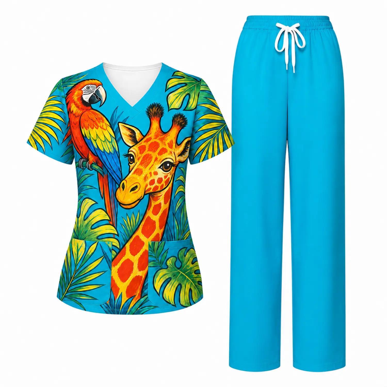 Tropical Parrot Giraffe Print V-Neck Nurse Scrub Set with Blue Drawstring Pants for Medical Work
