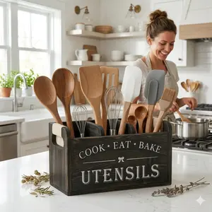 Country-style wooden kitchen utensil storage box, 3-compartment storage box, countertop wooden storage box, kitchen organization and storage, kitchen accessories, receive my everyday gift.