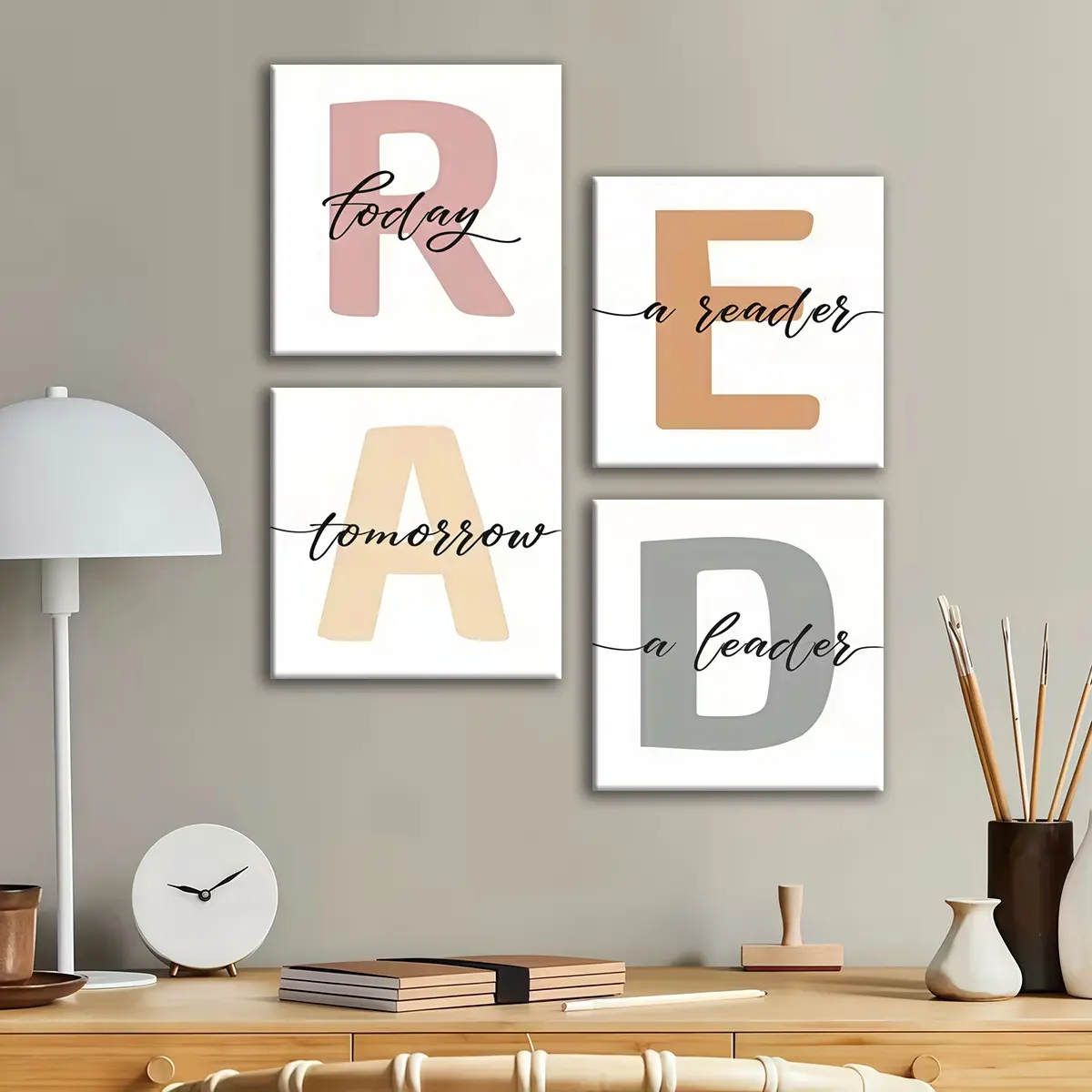4-count wooden frame canvas, macaron-colored READ inspirational phrase four-panel decorative poster, fashionable room bedroom decoration, exquisite family poster, suitable for corridor and living room walls, waterproof art, Modern Home Decor