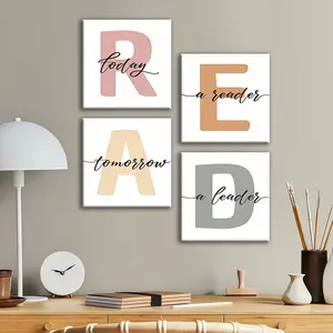 4-count wooden frame canvas, macaron-colored READ inspirational phrase four-panel decorative poster, fashionable room bedroom decoration, exquisite family poster, suitable for corridor and living room walls, waterproof art, Modern Home Decor