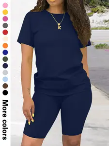 Women's Summer 2-Piece Set, Fashion Casual Two-Piece Plain Short Sleeve Top + Tight Shorts, Fitted Short Pants, Spring & Fall