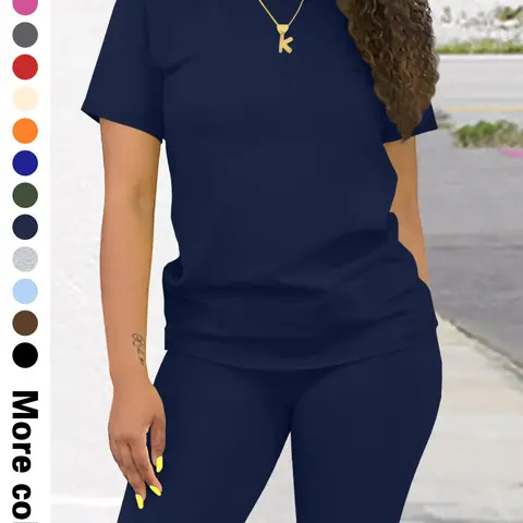 Women's 2-Piece Set, Tops Shorts Set, Fashion Casual Plain Short-Sleeve Top + Tight Shorts, Fitted Short Pants Outfit for Spring, Summer & Fall