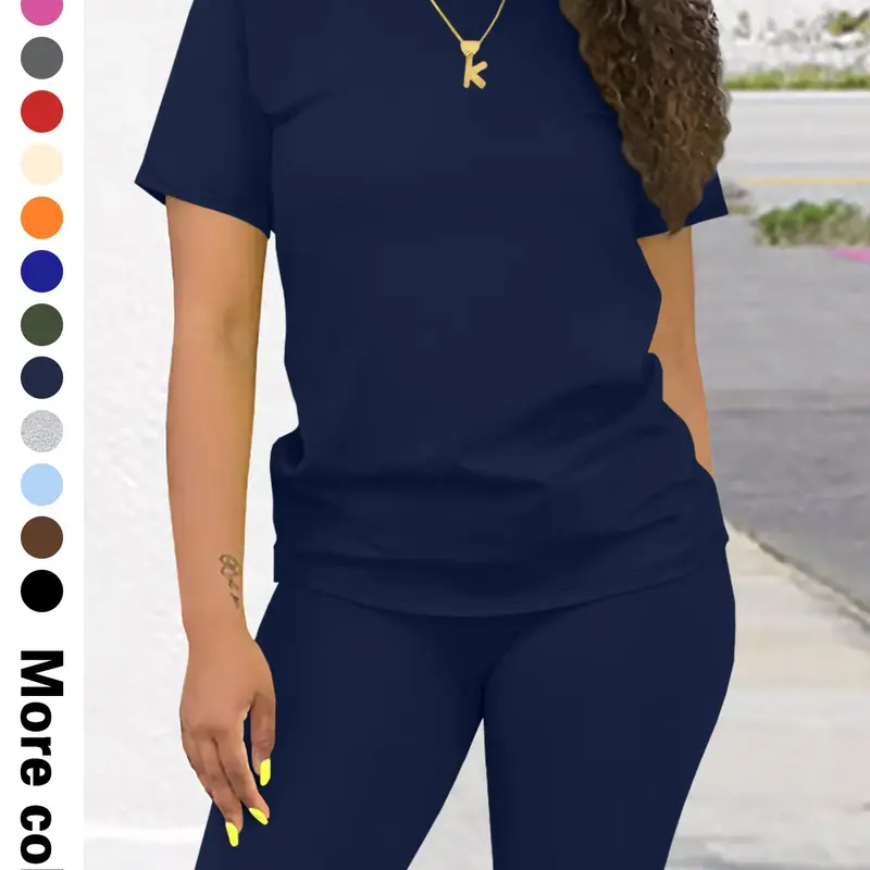 Women's 2-Piece Set, Tops Shorts Set, Fashion Casual Plain Short-Sleeve Top + Tight Shorts, Fitted Short Pants Outfit for Spring, Summer & Fall