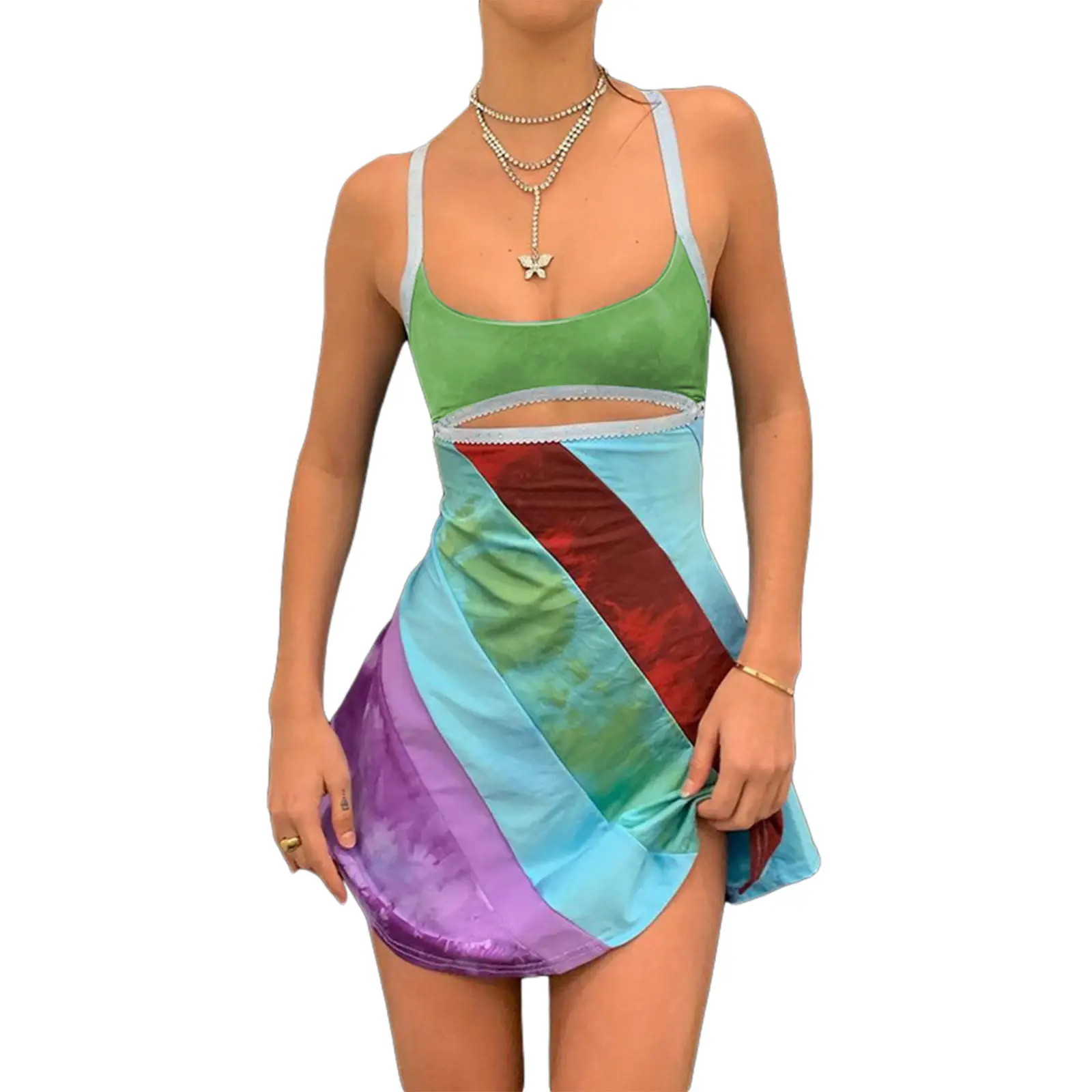 Women's Chic U-Neck A-Line Mini Dress - 62-65 cm Sleeveless Printed Casual Polyester Summer Street Wear with Hollow-Out Cutout, Fitted, Heightening Effect, Ideal Gift