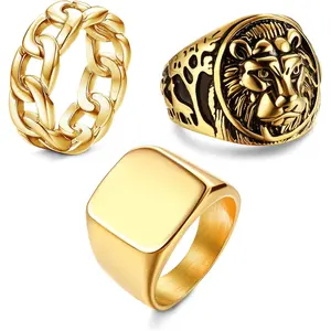 FUNRUN 3Pcs 14K Gold Plated Rings for Men Women Chunky Cuban Link Ring Size 7-15