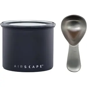 Airscape Stainless Steel Coffee Canister & Scoop Bundle - Food Storage Container - US Patented Airtight Lid Pushes Out Excess Air - Preserve Food Freshness (Small, Matte Black & Brushed Steel Scoop)