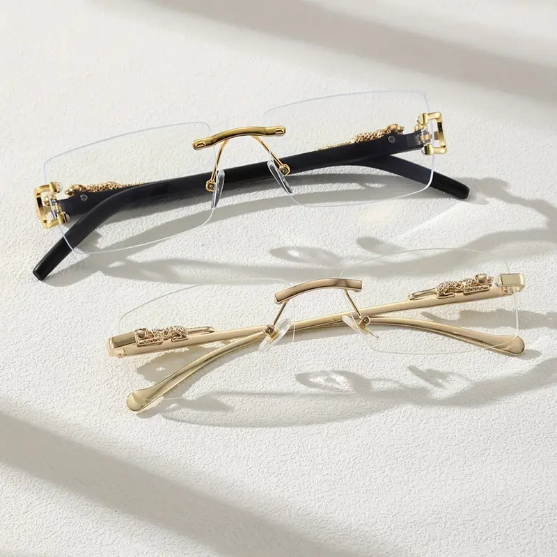 Men's Metal Rectangular Frameless Leopard Leg Decorative Glasses, Decoration Eyewear, Stylish Glasses, Trendy Casual Frames, Fashion Casual Flat Mirror, Suitable for College Parties Home Use