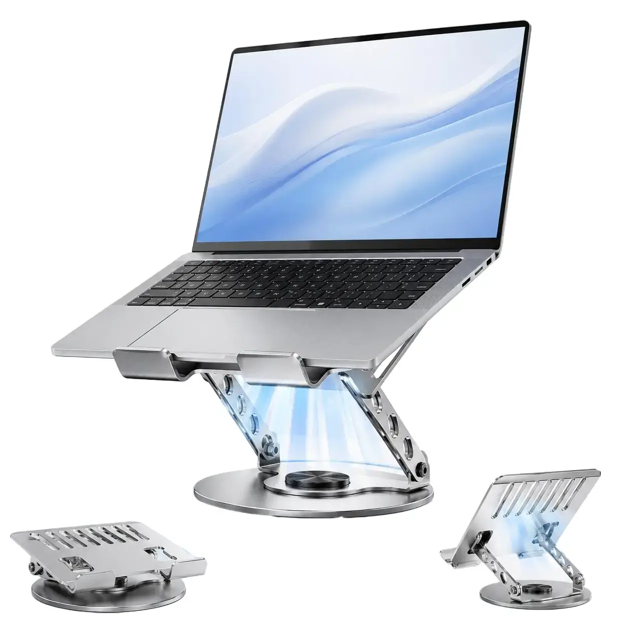 2Pcs Silver 360-Degree Rotatable Laptop Stands & Trays - Sturdy, Ergonomic, Height-Adjustable, Ventilated Cooling, Portable Incline, Slim Foldable, Folding, Fully Collapsible, Multi-Angle - Outdoor-Ready, Compatible with 15.6in & Under Laptops