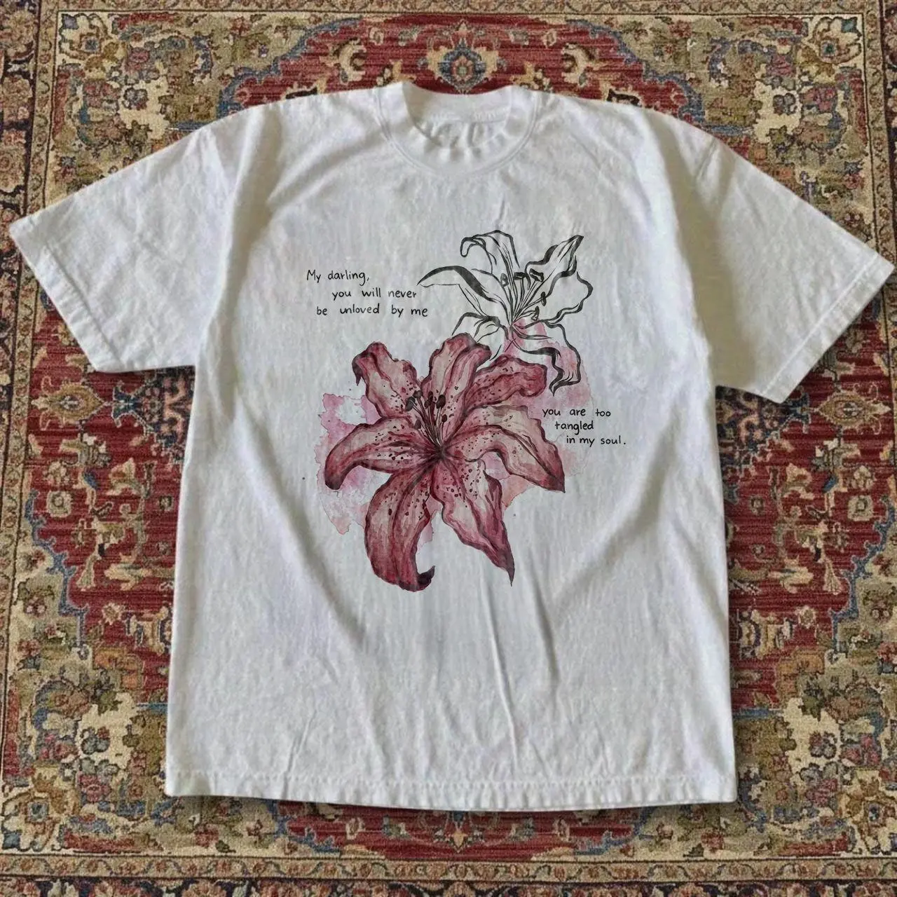 Romantic Poetry Flower Graphic T-Shirt | Vintage Lily Botanical Off Oversized Loose Fit Tee Gift