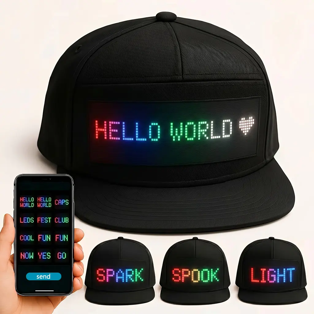 SZKUZMA Customizable App-Controlled Programmable LED Snapback Hat, Adjustable Snapback Cap with Scrolling Text & Pixel Art, USB Rechargeable for Festivals, Parties