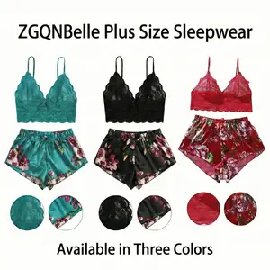 Plus Size Women 2 Piece Floral Lace Lingerie Set Embroidered Bra Panty Satin Shorts Sleepwear Loungewear Valentine Pajama Set