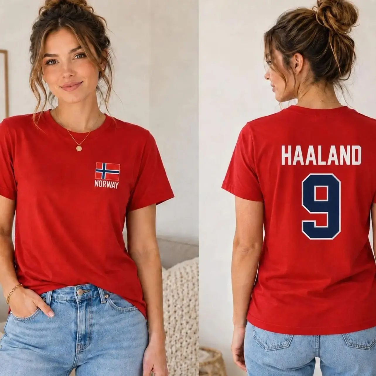 Unisex #Haaland-9 Norway Flag Inspired Jersey Style Graphic Tee, 2-Sided Star Player Fans Tournament YV7