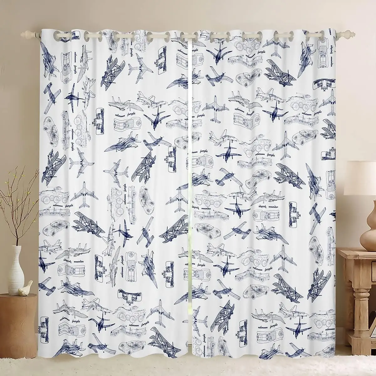 42x63 in Semi Sheer Grommet Curtain Panels, Blue-White Sketch-Style Aircraft Print, Personalized Easy-Clean Privacy-Protecting Window Treatments for Living Room, Bedroom, Unique Gifts, Semi Sheer Curtain