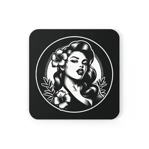 Black & White Vintage Hawaiian Pinup Girl with Hibiscus Flowers - Retro Corkwood Coaster Set - Makes Perfect Gift!